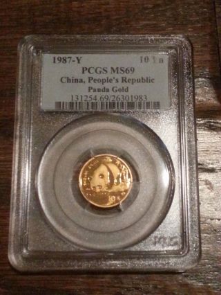 1987 - Y Rare 10yn 1/10 Oz Gold Bu.  999 China Panda Coin Pcgs Certified Ms69 photo