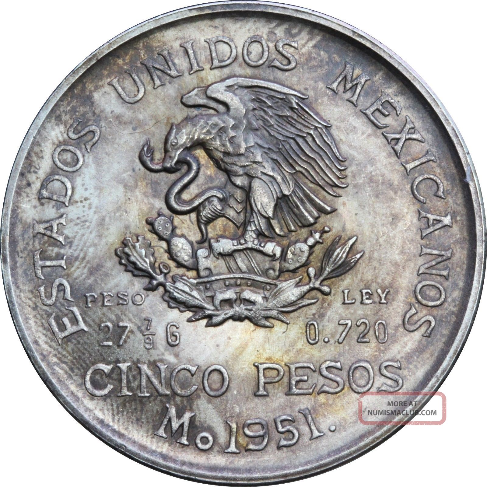 Mexico 5 Pesos Mo 1951 Hidalgo, . 720 Silver. Uncirculated. Toning.
