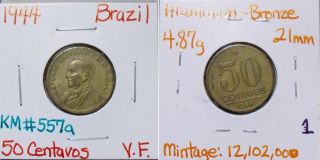 1944 Brazil 50 Centavos Vf Very Fine Aluminum - Bronze Km557a No1 photo