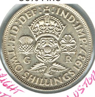 1937 British 2 Shillings Silver Great Detail White & Rim Toning & Luster Au/ms photo