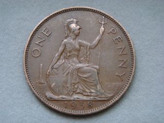 Great Britain 1 One Penny,  1938,  Britannia Seated Right photo