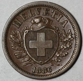 1886 Xf/au Switzerland 2 Rappen Coin photo