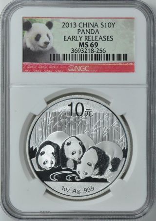 2013 China Panda 1 Oz Silver 10 Yn Early Releases Ngc Ms69 (panda Label) photo