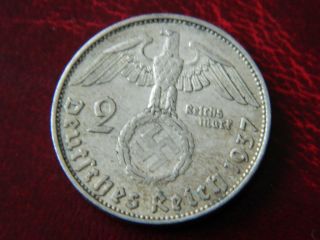 German 2 Mark 1937 E Silver Coin With Eagle 1353 photo