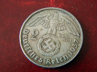 German 2 Mark 1937 D Silver Coin With Eagle 1366 photo