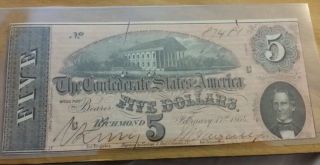 1864 $5 Confederate T - 69 Currency Richmond,  Civil War Five Dollar Csa Note photo
