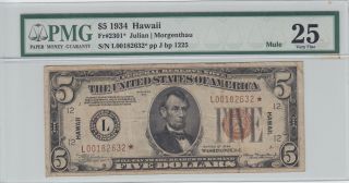 $5 - 1934 - Fr.  2301 Mule - Hawaii Certificate By Pmg Very Fine 25 Star Rare photo