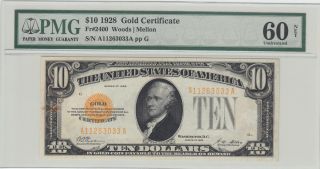 $10 - 1928 Fr.  2400 - Gold Certificate By Pmg Uncirculated 60 Net photo