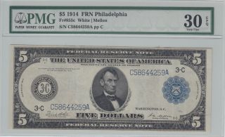 Us$5.  00 - 1914 - Frn Philadelphia - Fr.  855c - Very Fine By Pmg 30 Epq photo