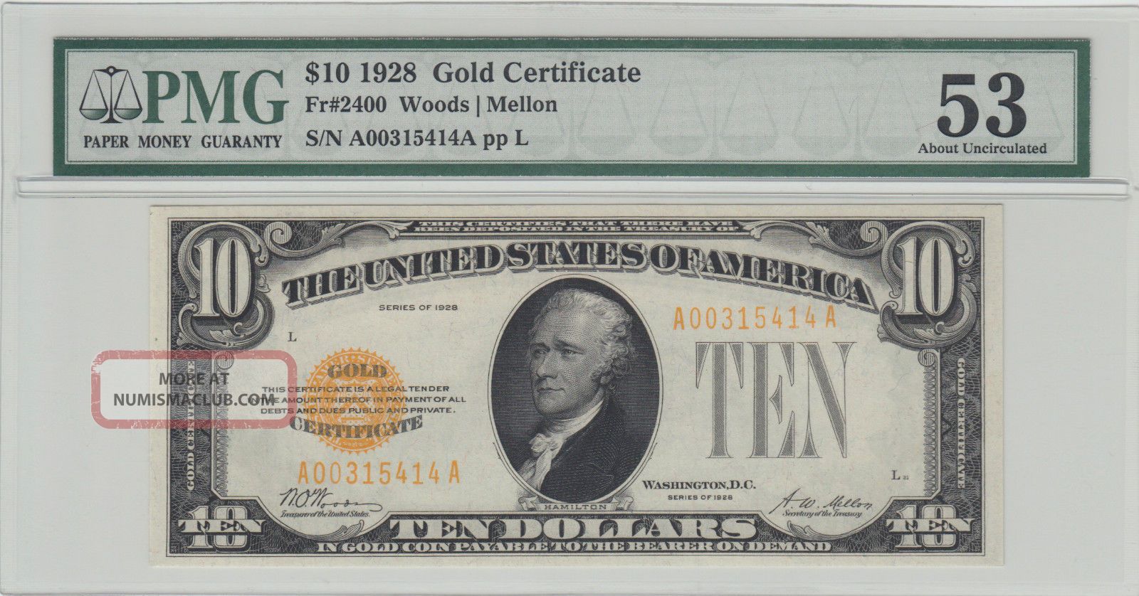 $10 - 1928 Fr.  2400 - Gold Certificate By Pmg Au 53 Small Size Notes photo