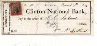 1874 Clinton National Bank,  Clinton,  Connecticut.  1874 W/ Revenue Stamp photo