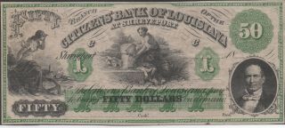 Usa / Citizens ' Bank Of Louisiana At Shreveport,  $50,  Nd.  1850 ' S,  Plate C photo