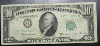 1950 D Ten Dollar Federal Reserve Note Chicago Fine Minor Stain 6262h Pm3 photo
