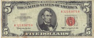 J506 - - 1963 Five ($5.  00) Dollar United States Series Red Seal Note A32183875a photo
