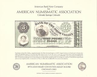 S012,  $3.  00 Bank Of The Ohio Valley,  1860’s,  1980 Ana Souvenir Card photo