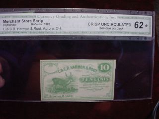 1862 10 Cents C.  &c.  R.  Harmon & Root,  Aurora,  Oh.  Cga Crisp Uncirculated 62 photo