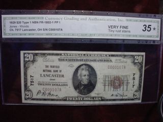 1929 $20 Nbn.  Fairfield Nat.  Bank Lancaster,  Oh Ch 7517,  T - 1,  Cga Very Fine 35 photo