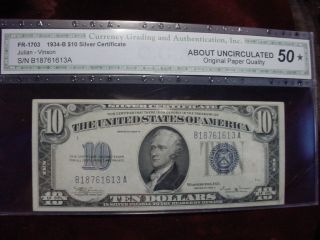 1934b $10 Silver Certificate Fr - 1703 Cga About Uncirculated 50 Opq photo