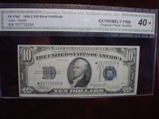 1934c $10 Star Silver Certificate Fr - 1704 Cga Extremely Fine 40 Opq photo