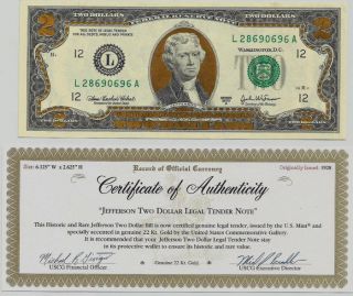 2003 - A Two Dollar Frn With 22k Gold Accent On The Obverse With.  Take A Look photo