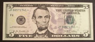 Rare 2009 $5 Star Note Jf 00571741 About Uncirculated photo