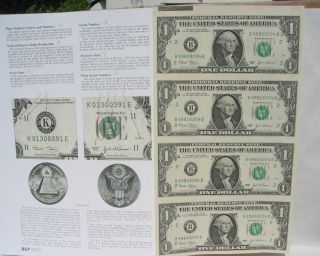 2009,  4 Us Bill $1 In One Uncut Sheet+information Sheet,  Real $+one Old Cent Us photo