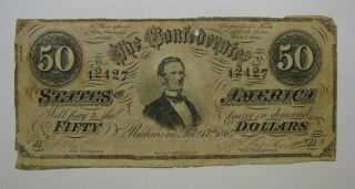 1864 Confederate States Of America Fifty Dollar $50 Note; Vg - F ; T66 photo