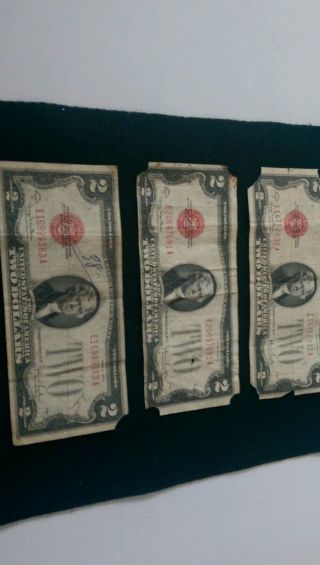 3 Worn1928 - G $2 Dollar Bills Red Seal E - A Block Old Note - Usn photo