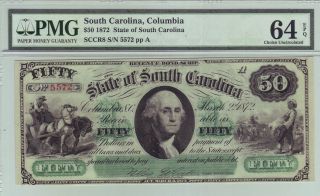The State Of South Carolina $50 - 1872 - Pmg Graded Choice Uncirculated 64 Epq photo
