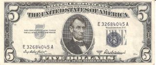 1953 - A $5.  00 Silver Cert Au Print Error ' E 32684045 A ' Blue Seal Error Au photo