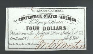 $4 1861 Csa Interest Certificate $100 Bond Morton Antique Civil War 150 Yrs Old photo