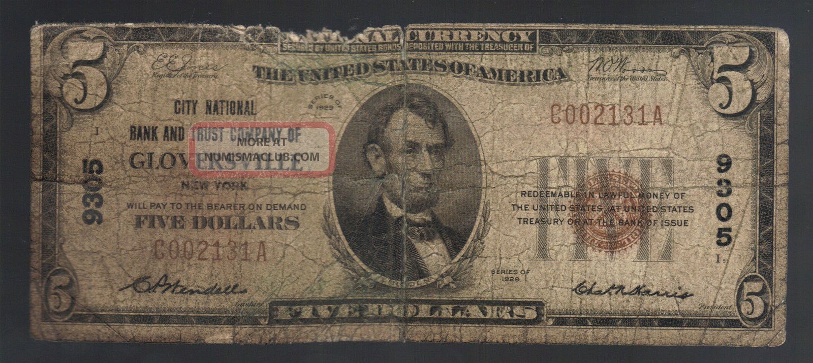 $5 1929 Gloversville National York Bank Note Old Ny Paper Money Us Bill Worn Small Size Notes photo