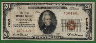{hancock} $20 The First Nb Of Hancock Md Ch 7859 Rare 20 Note Vf+ photo