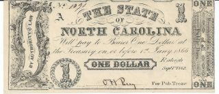 Obsolete Currency State Of North Carolina Raleigh $1 1862 Signed Issued 1390 photo