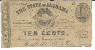 Obsolete Currency State Of Alabama Montgomery 10c.  1863 Issued Note 43849 photo