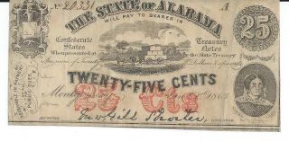 Obsolete Currency State Of Alabama Montgomery 25c.  1863 Issued Note 20331 photo