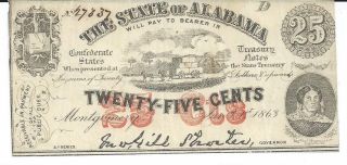 Obsolete Currency State Of Alabama Montgomery 25c.  1863 Issued Note 27837 photo