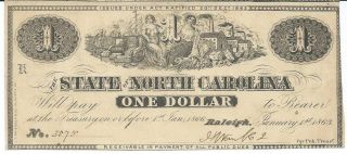 Obsolete Currency State Of North Carolina Raleigh $1 1863 Signed Issued 3075 photo