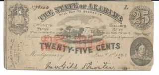 Obsolete Currency State Of Alabama Montgomery 25c.  1863 Issued Note 78044 photo