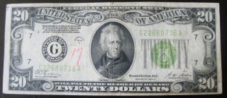 1928 B Twenty Dollar Federal Reserve Note Fine Light Green Seal 736a photo