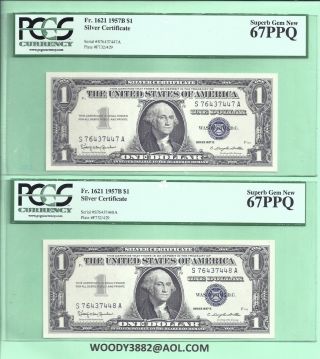 2 Consec 67 Sup - Gem 1957 - B Silver Certificate $1.  Fr - 1621 S - A Block 7447 - 7448 photo