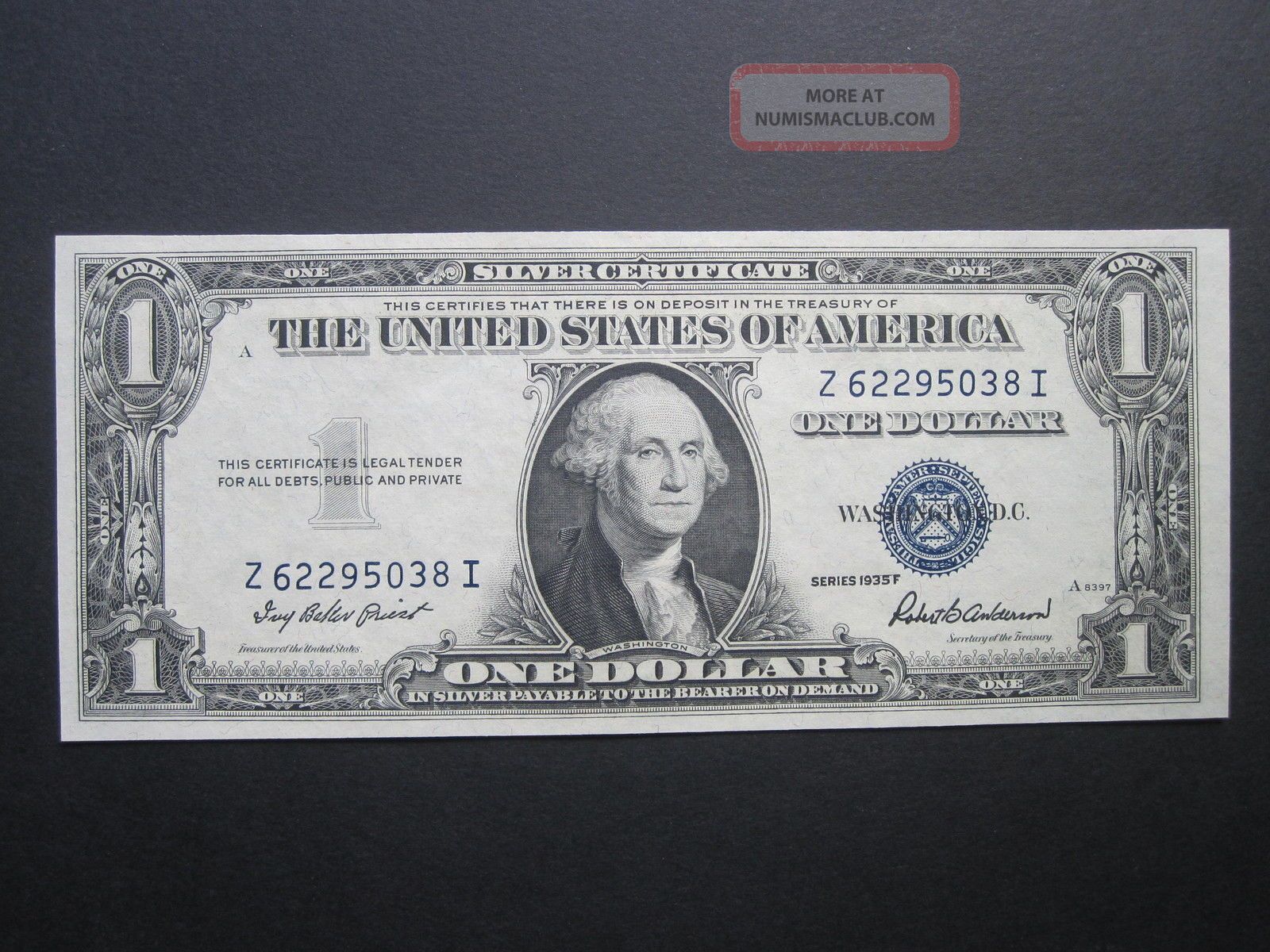 $1 1935f One Dollar Crisp Silver Certificate Old Paper Money Blue Seal Bill