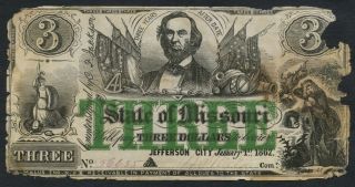 1862 $3 The State Of Missouri Note,  56635 Civil War States History photo
