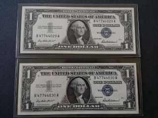 2 - Consecutive Serial 1957 Series 1$ Dollar Silver Certificates Uncirculated photo