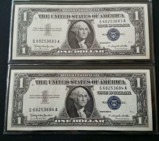 2 - Consecutive Serial 1957 B Series 1$ Dollar Silver Certificates Uncirculated photo