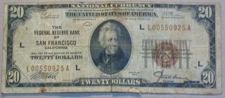 1929 $20 National Brown Seal Note Federal Reserve Bank San Francisco Ca Currency photo