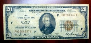 1929 Federal Reserve Bank Of Atlanta,  Georgia Brown Seal $20 Twenty Dollars photo
