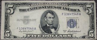 1953a Error $5 Silver Certificate 3rd Print Shift Blue Seal Us Five Dollar Lt 12 photo