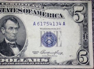 1953 Error $5 Silver Certificate 3rd Print Shift Blue Seal Us Five Dollar Lt 11 photo