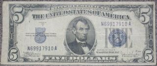 1934 Error Blue Seal $5 Silver Certificate Us Five Dollar Bank Note Mis Cut 5 photo
